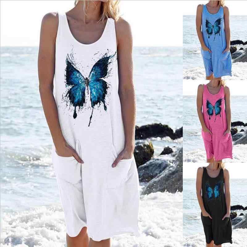 ワンピース レディース ノースリーブ 蝶々柄 ミモレ丈 キャミワンピース カジュアル ベーシック ラウンドネック ゆったり パステルカラー ポリエステル 春夏