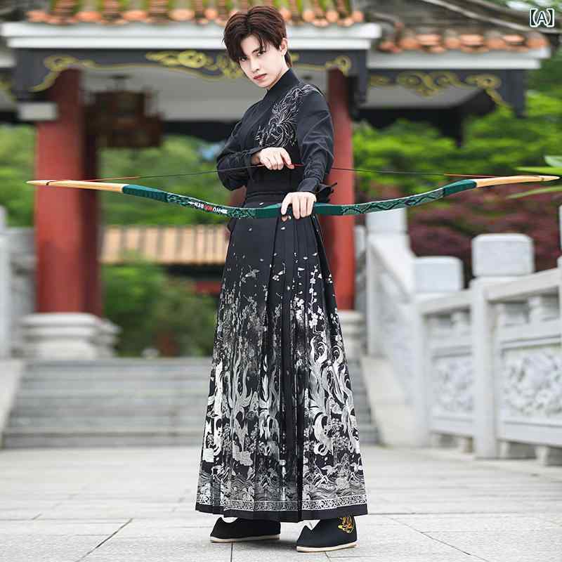 漢服 メンズ 豪華刺繍 武侠風 チャイナ風 交襟トップス 箔押しマーミェンスカート 綿素材 セットアップ ペア 中国伝統衣装 コスプレ イベント 舞台衣装