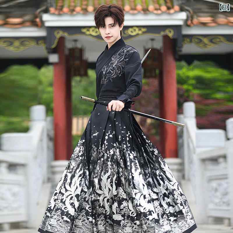 漢服 メンズ 豪華刺繍 武侠風 チャイナ風 交襟トップス 箔押しマーミェンスカート 綿素材 セットアップ ペア 中国伝統衣装 コスプレ イベント 舞台衣装