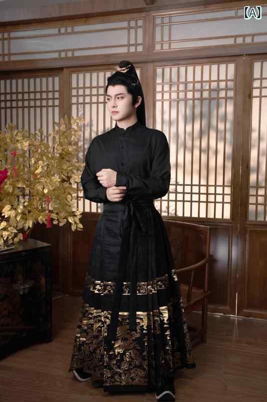 漢服 男女兼用 カップル 明制 中国風スタイル 織金 馬面スカート ポリエステル 印花 仙女風 エレガント 日常使い オールシーズン