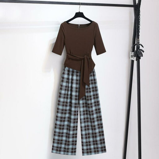 セットアップ レディース 七分袖 Tシャツ トップス チェック柄 ワイドパンツ ツーピース 女性用 ポリエステル 普段使い カジュアル 快適 おうち時間 リラックス ブルー ブラウン セットアップ レディース 七分袖 Tシャツ トップス チェック柄 ワイドパンツ ツーピース 女性用 ポリエステル 普段使い カジュアル 快適 おうち時間 リラックス ブルー ブラウン