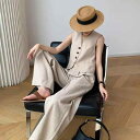 セットアップ レディース 高級感 ノースリーブ Vネック ベスト ジレ ハイウエスト ワイドパンツ ロング丈 綿麻 コットンリネン ツーピース 春夏