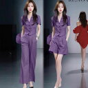 セットアップ レディース 女性用 春夏 きれいめ Vネック 半袖 ジャケット ワイドパンツ ツーピース 着痩せ 体型カバー 上品 カジュアル オフィス 通勤 ポ...