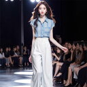 パンツスーツ レディース 女性用 半袖 シャツ トップス ドロップショルダー ワイドパンツ 2点セット ポリエステル ストライプ柄 切り替え ゆったり 着痩せ効果 きれいめ 通勤 オフィス カジュアル 春夏