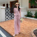 セットアップ レディース 春夏 Vネック 三分袖 パフスリーブトップス ワイドロングパンツ 麻 リネン 高級感 小柄 低身長向け 大人カジュアル