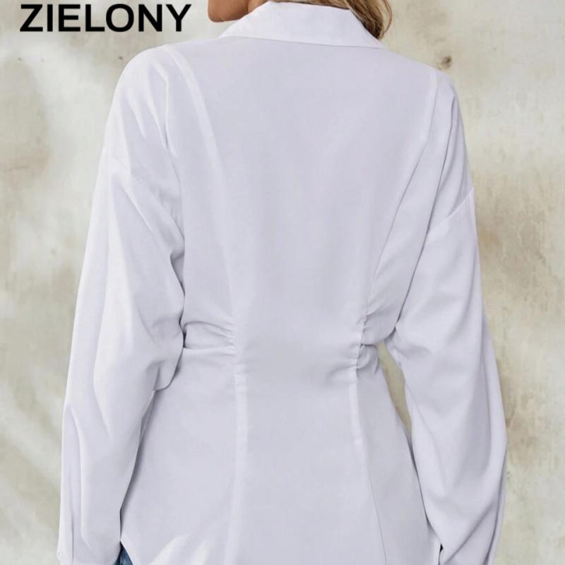 シャツ レディース ウエストマーク ブラウス 上品 エレガント Vネック 七分袖 プルオーバー 綿麻 リネン 無地 秋冬 通勤 オフィス カジュアル 普段使い ブラック ホワイト ネイビーのサムネイル