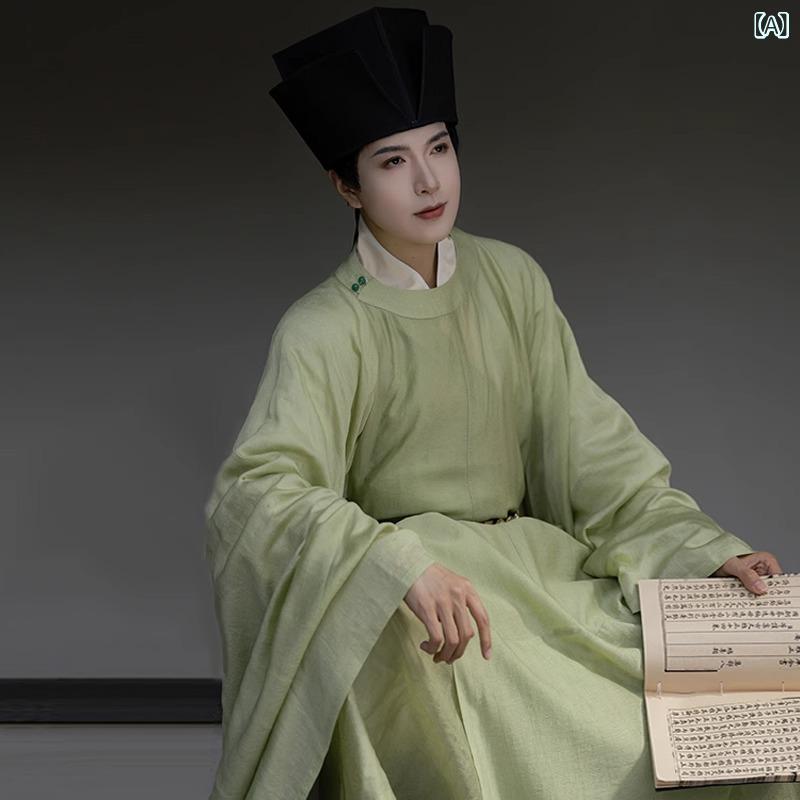 漢服 メンズ 春夏 薄手 テンセル ポリエステル ジャカード織り 宋制復刻 ワイドスリーブ 丸首 ローブ 日常着 上下セット