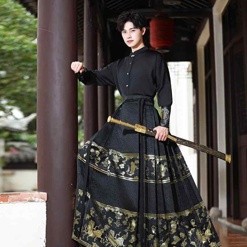 漢服セット メンズ 男性用 新中国風 明代様式 高級感 龍馬 織金 馬面スカート シャツ トップス 黒 ブラ..