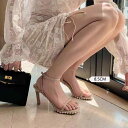 サンダル レディース ハイヒール ワンストラップ アンクルストラップ スタッズ パール カットアウト スクエアトゥ 華奢な印象 春夏 アプリコット ベージュ マイクロファイバー 人工皮革 欧米風 ガーリー