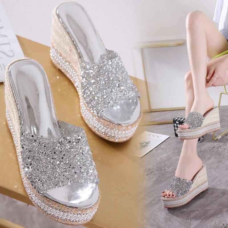 厚底サンダル レディース インヒール ウェッジソール ラインストーン ストーム ワンストラップ 編み込み オープントゥ 超繊維革 PUレザー 外履き 軽量 欧米風 カジュアル 春夏 シルバー ゴールド