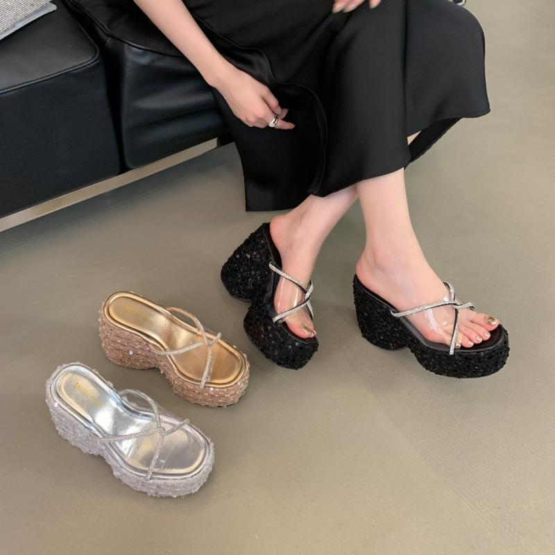サンダル レディース 厚底 ウェッジソール インヒール12cm クリア エスパドリーユ レトロ おしゃれ 大きいサイズ 外履き オープントゥ 夏 ミュール ブラック シルバー ピンク