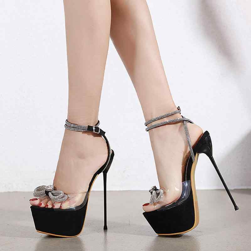 サンダル レディース 超厚底 ハイヒール セクシー クリア ラインストーン リボン ストーム プラットフォーム オープントゥ アンクルストラップ ピンヒール ナイトクラブ パーティー ドレスシューズ 春夏 ブラック