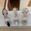 サンダル レディース ポインテッドトゥ スリングバック リボン ラインストーン キトゥンヒール 大人かわいい オフィス 合成皮革 秋冬 オフホワイト ブラック ライトグリーン