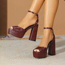 サンダル レディース スクエアトゥ 厚底 プラットフォーム 太ヒール チャンキーヒール オープントゥ エナメル パテントレザー ナイトシーン セクシー 無地 大きいサイズ 春夏 ワインレッド ボルドー