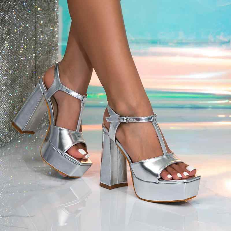 サンダル レディース オープントゥ アンクルストラップ プラットフォーム 太ヒール 無地 シンプル 欧米風 ハイヒール シルバー 合成皮革 春夏 お出かけ カジュアル 普段使い 安定感 履きやすい