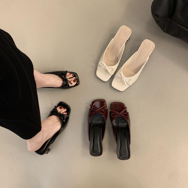 ミュール レディース フレンチ リボン 太ヒール オープントゥ 高ヒール 外履き 大きいサイズ 春夏 通勤 スクエアトゥ PUレザー ブラック レッド ワンストラップ ゴム底