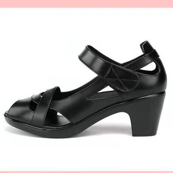 サンダル レディース ママ ミセス 黒 ブラック 太ヒール エレガント 上品 オープントゥ ソフトソール クッション性 履きやすい 普段使い カジュアル ローマ グラディエーター フェイクレザー マジックテープ 夏