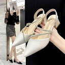 サンダル レディース 女性用 ポインテッドトゥ 太ヒール ハイヒール バックレス フレンチシック エレガント 上品 PUレザー ブラック オフホワイト ストラップ 春夏 普段使い オフィス