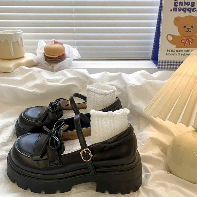 マリージェーンシューズ レディース 厚底 プラットフォーム レトロ ヴィンテージ風 ブリティッシュ PUレザー 合成皮革 ブラウン ラウンドトゥ 太ヒール ストラップ バックル リボン 金属装飾 JK制服 普段使い かわいい ガーリー 春夏秋