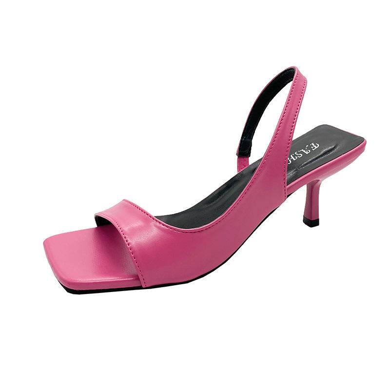 サンダル レディース サマー オープントゥ スクエアトゥ 細ヒール ハイヒール ローズレッド セクシー フェミニン 合成皮革 万能 シンプル ラバーソール