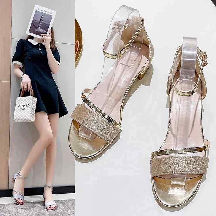 サンダル レディース 春夏 韓国ファッション エナメル ローヒール 太ヒール チャンキーヒール オープントゥ バックストラップ ワンストラップ バックルベルト 普段使い お出かけ