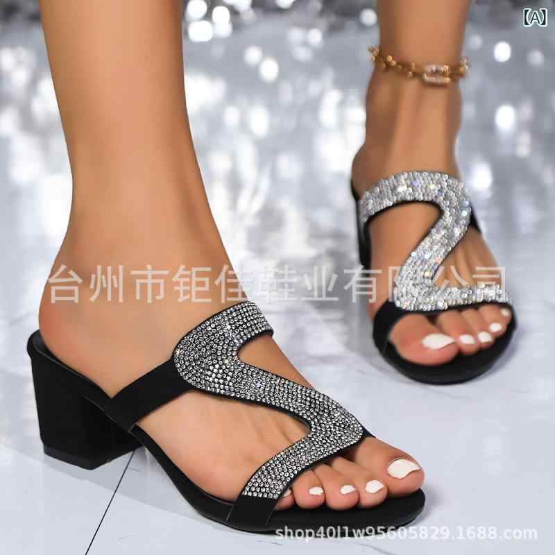 サンダル レディース カットアウト ジルコニア 太ヒール ハイヒール スクエアトゥ オープントゥ スリッポン ミュール ワンストラップ 合成皮革 ゴム底 ブラック アイボリー 普段使い お出かけ 着回し 春夏