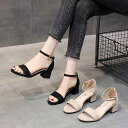 サンダル レディース 春夏 オープントゥ ワンストラップ アンクルストラップ 太ヒール チャンキーヒール ミドルヒール 大きいサイズ ビッグサイズ ローマ風 ファッション トレンド スエード スクエアトゥ 韓国 オルチャン ブラック ベージュ
