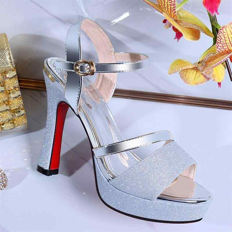 ヒールサンダル レディース ピンヒール 厚底 ストーム エレガント 快適 着回し おしゃれ ラウンドトゥ PUレザー バックルストラップ 春夏 ブルー ゴールド