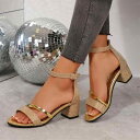 サンダル レディース 大きいサイズ 欧米風 ハイヒール 太ヒール チャンキーヒール オープントゥ ストラップ アンクルストラップ 春夏 ゴールド シルバー PU 合成皮革 おしゃれ ファッション