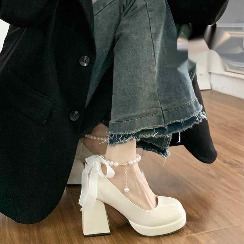 パンプス レディース メリージェーン フレンチ フェアリー風 パール リボン 厚底 プラットフォーム 9cmヒール 太ヒール チャンキーヒール ラウンドトゥ 結婚式 パーティー お呼ばれ フォーマル エレガント 上品 かわいい