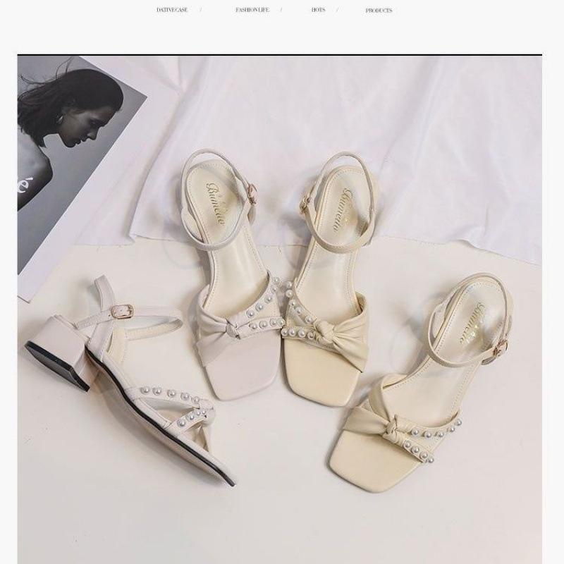 サンダル レディース 春夏 普段使い お出かけ エレガント 太ヒール パール飾り フレンチスタイル ラウンドトゥ 一字式 PUレザー スカート ドレス コーデ アイボリー イエロー