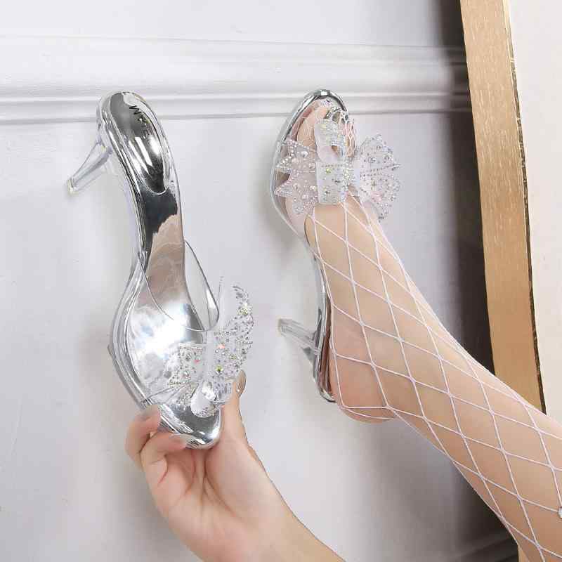 ピープレースサンダル レディース クリア クリスタルラインストーン リボン ハイヒール 欧米風 フレンチテイスト 普段使い カジュアル フェアリー エレガント かわいい ラウンドトゥ シルバー PVC素材 夏