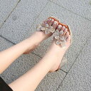 涼鞋 レディース クリア 太ヒール ラインストーン リボン 夏用 外履き フレンチスタイル ミュール オープントゥ PVC シルバー シャンパンゴールド