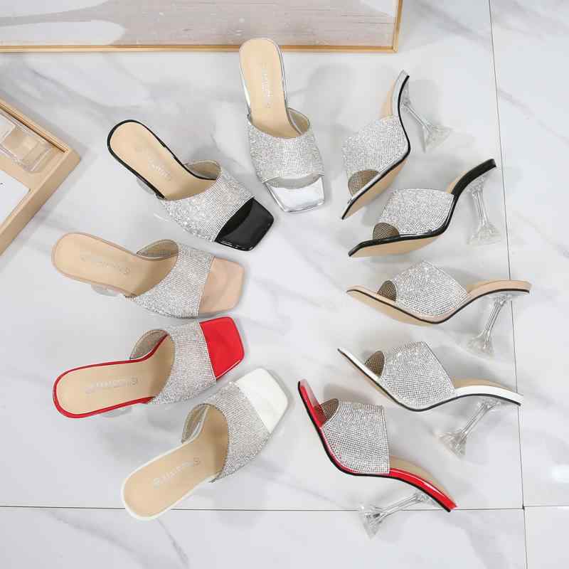 サンダル レディース 欧米風 エレガント ラインストーン フェイクファー オープントゥ スクエアトゥ クリスタルヒール 春夏 外履き