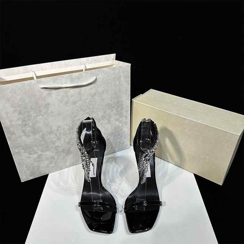 サンダル レディース ワンストラップ オープントゥ バックファスナー 超高 細ヒール 手作り 本革 牛革 カーフレザー エナメル 超繊維 ラインストーン チェーン スクエアトゥ 春夏 シルバー ブラック