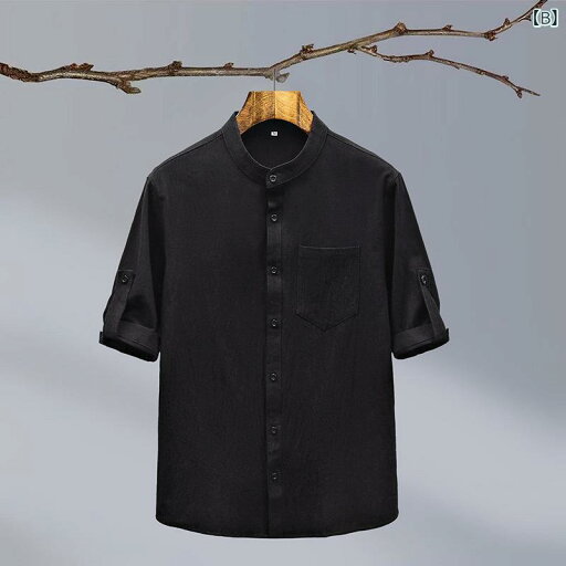 シャツ メンズ チャイナ風 オリエンタルスタイル 綿麻 リネン コットンブレンド 半袖 薄手 軽量 カジュアル ゆったり 大きいサイズ ビッグシルエット スタンドカラー ノーアイロン ポケット付き 春夏 ホワイト ブラック ダークグリーン