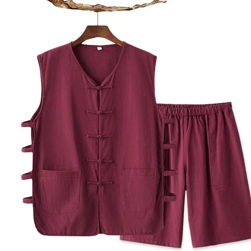 セットアップ メンズ 男性用 中高年向け 春夏 中華風 レトロ ベスト ジレ ショートパンツ 上下セット 薄手 ゆったり ルーズフィット 綿