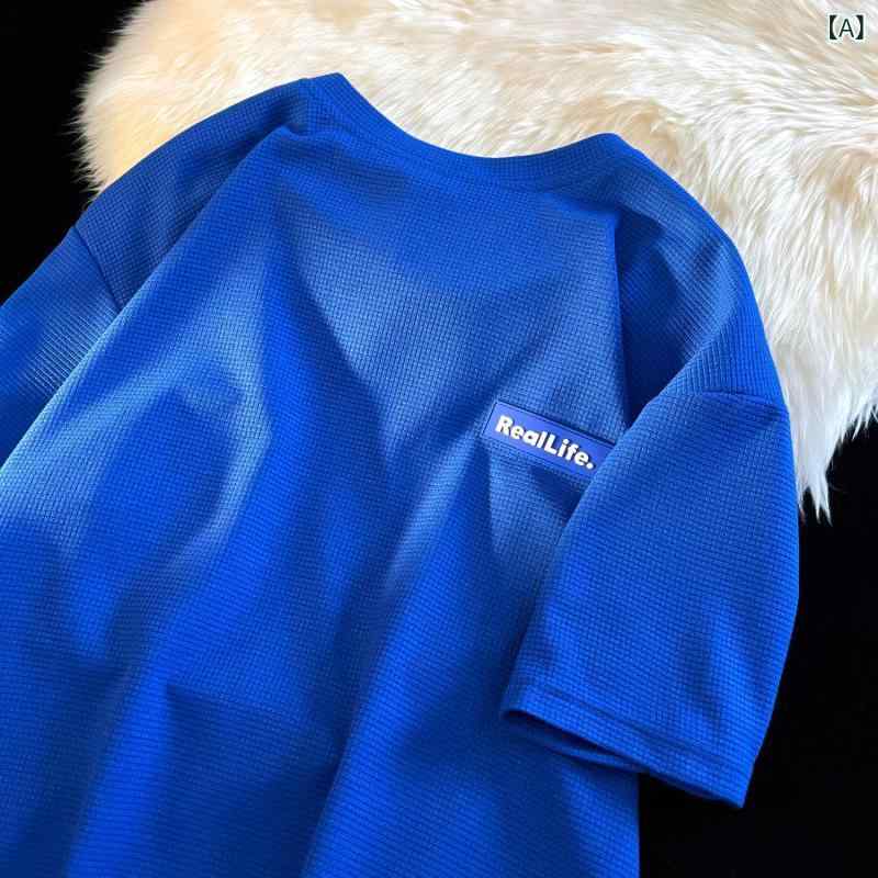 Tシャツ メンズ 春夏 ワッフル生地 パッチ クルーネック 半袖 ゆったり ビッグシルエット オーバーサイズ プルオーバー 無地 カジュアル ストリートファッション 男性用 トップス 普段着