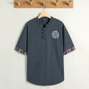 Tシャツ メンズ 男性用 エスニック風 刺繡 半袖 トップス 丸首 クルーネック 綿麻 リネン 薄手 軽量 通気性 大きいサイズ ゆったり ビッグシルエット カジュアル 普段使い 春夏
