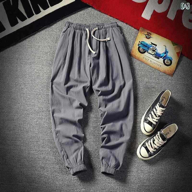 パンツ 男性用 リネン 綿麻 薄手 春夏 大きいサイズ ゆったり カジュアル 普段使い 部屋着 ハーレム ジョガー テーパード クロップド アンクル丈 ミドルウエスト 無地 ノーアイロン イージーケア