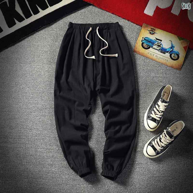 パンツ 男性用 リネン 綿麻 薄手 春夏 大きいサイズ ゆったり カジュアル 普段使い 部屋着 ハーレム ジョガー テーパード クロップド アンクル丈 ミドルウエスト 無地 ノーアイロン イージーケア