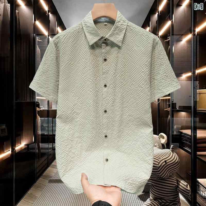 シャツ メンズ 半袖 薄手 接触冷感 Yシャツ カジュアル 無地 大きいサイズ ビッグシルエット ゆったり スタンドカラー シワになりにくい ウォッシャブル ポリエステル 春夏