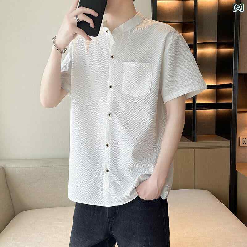 シャツ メンズ 半袖 スタンドカラー 無地 スリムフィット 接触冷感 薄手 軽量 カジュアル トップス 男性用 襟付き 細身 ノンアイロン イージーケア 白 黒 グレー ネイビー カーキ 春夏 サマー