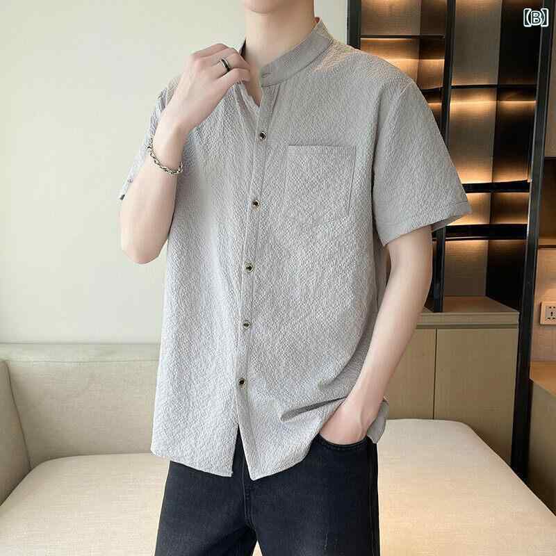 シャツ メンズ 半袖 スタンドカラー 無地 スリムフィット 接触冷感 薄手 軽量 カジュアル トップス 男性用 襟付き 細身 ノンアイロン イージーケア 白 黒 グレー ネイビー カーキ 春夏 サマー