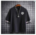 Tシャツ メンズ 春夏 麻 綿麻 半袖 中国風 唐装 漢服 レトロ チャイナボタン 刺繡 スタンドカラー ビッグシルエット ゆったり 薄手 プルオーバー 通気性 無地 トップス 黒 白 グレー オリーブグリーン ネイビー