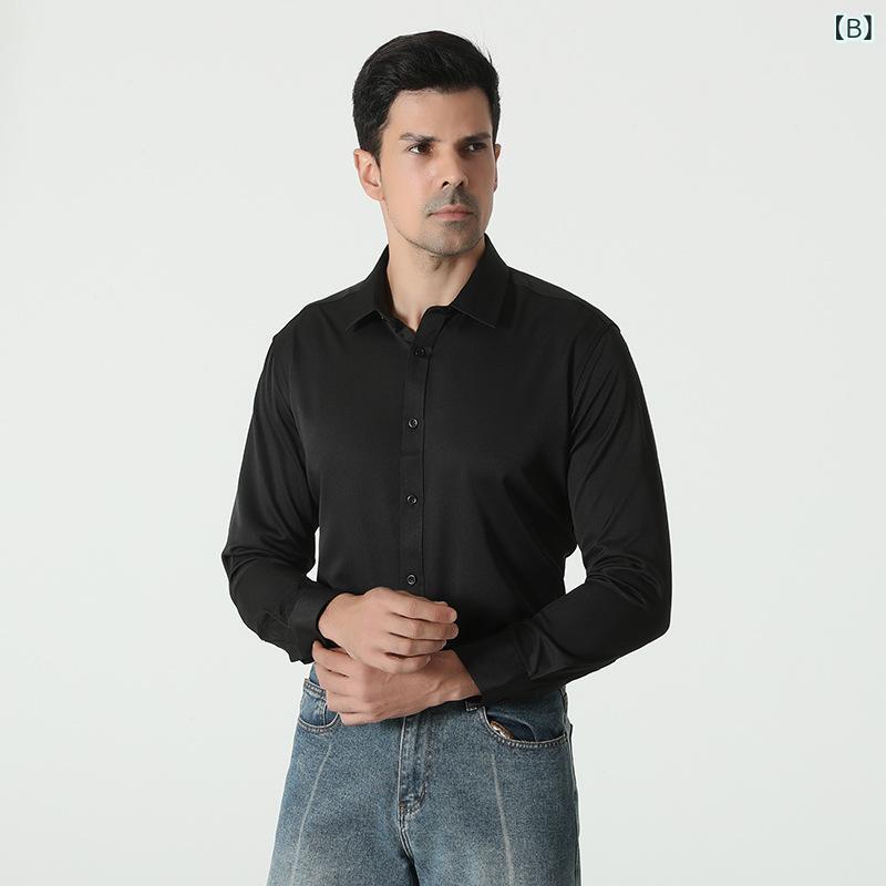 シャツ メンズ 男性用 ベーシック 定番 カジュアル ビジネス フォーマル オフィス 通勤 普段使い 長袖 無地 ポリエステル 形態安定 シワになりにくい ワイシャツ ホワイト ブラック ワインレッド ライトブルー グレー ネイビー