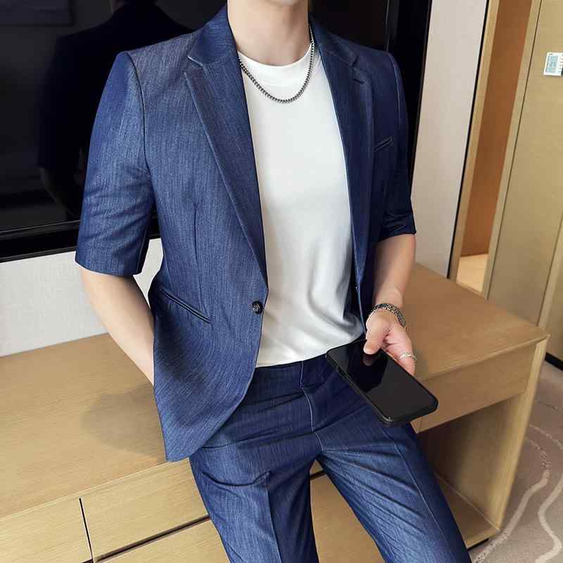 セットアップ レディース 半袖 ショート丈 ジャケット 再生繊維 薄手 軽量 伸縮性 テーラードカラー パフスリーブ 韓国 スリム 細身 シンプル ファッション 大人カジュアル オフィス 通勤 普段使い 春夏 黒 ダークグレー カーキ