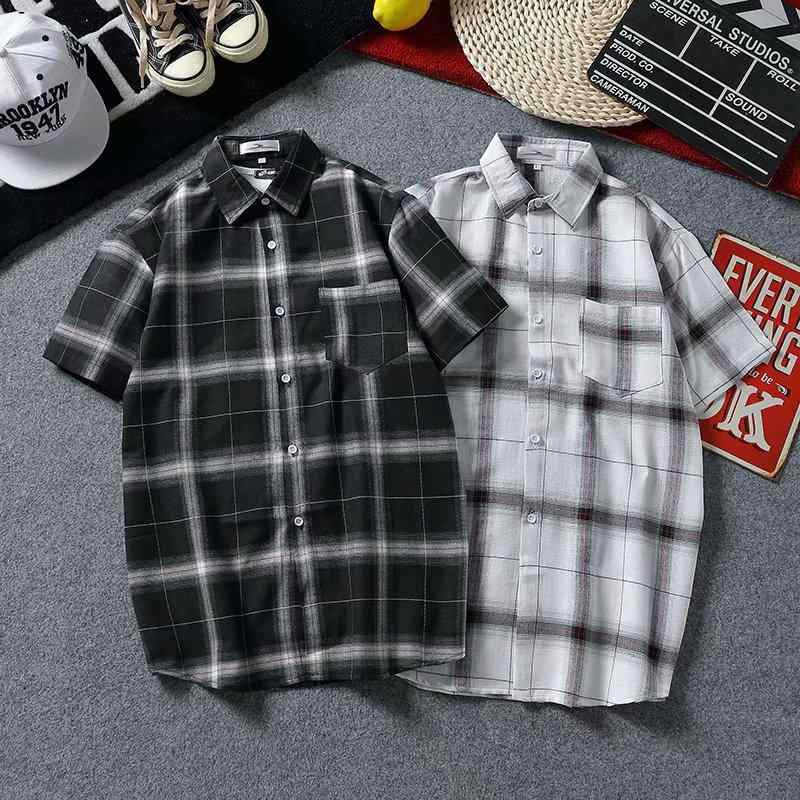 シャツ メンズ 半袖 チェック柄 韓国 スリムフィット カジュアル 薄手 ポリエステル素材 青少年 ユース 男性用 おしゃれ 普段使い デート ペアルック 春夏