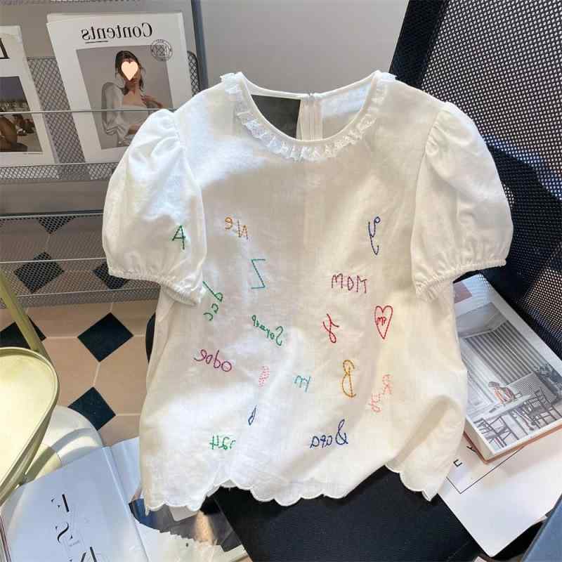 ブラウス 男女兼用 和風 ガーリー ゆめかわ 刺繡 レース フリル パフスリーブ ドールトップス 半袖 ゆったり オーバーサイズ ポリエステル かわいい カラフル ホワイト 春夏 普段使い カジュアル