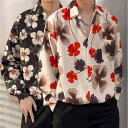 シャツ ユニセックス 男女兼用 ヴィンテージ風 レトロ 大花柄 ハワイアン 古着風 個性的 長袖 ルーズシルエット ゆったり ノーアイロン シワになりにくい 春夏 カジュアル リゾート 普段使い 羽織り
